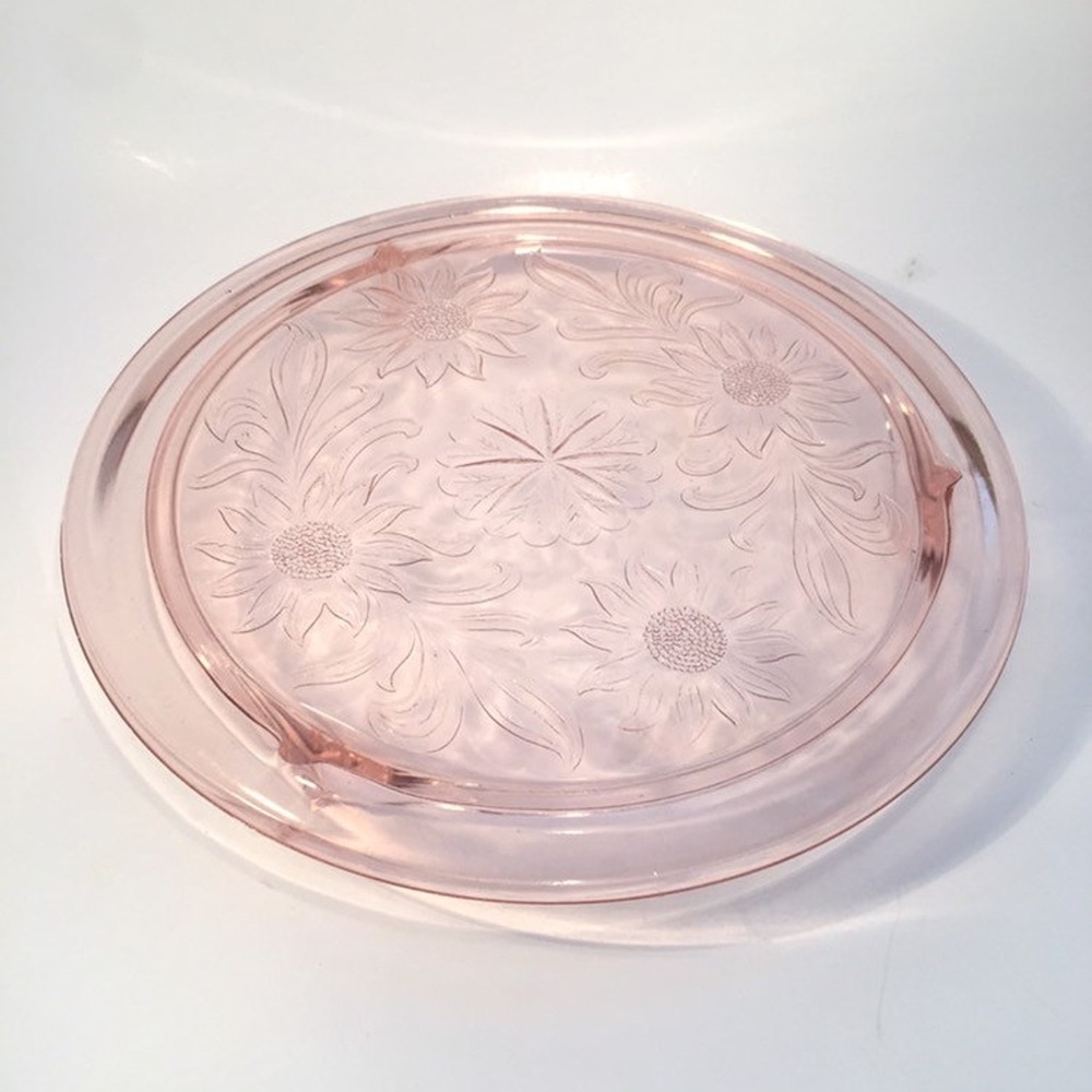 Vintage Jeanette Glass Co. Cake Plate Pink Depression Glass Sunflower (p0009)